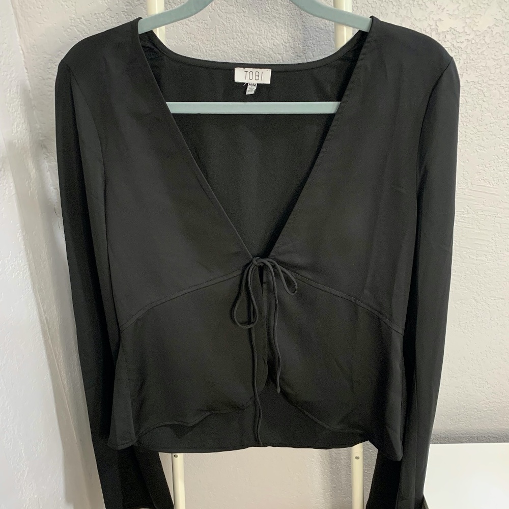 Tobi Black Tie-up Long-Sleeve Top, Size Medium